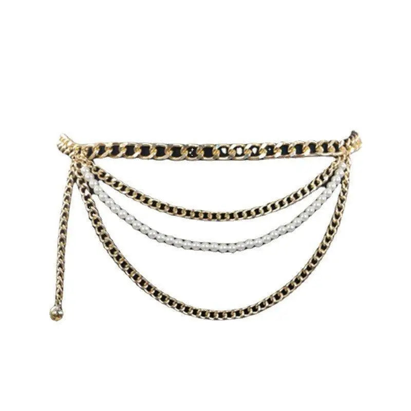 Gold chain belt with pearl accents, elegant waist jewelry for sophisticated styles