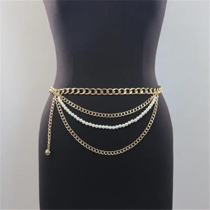 Gold chain belt with pearl accents, elegant waist jewelry for sophisticated style