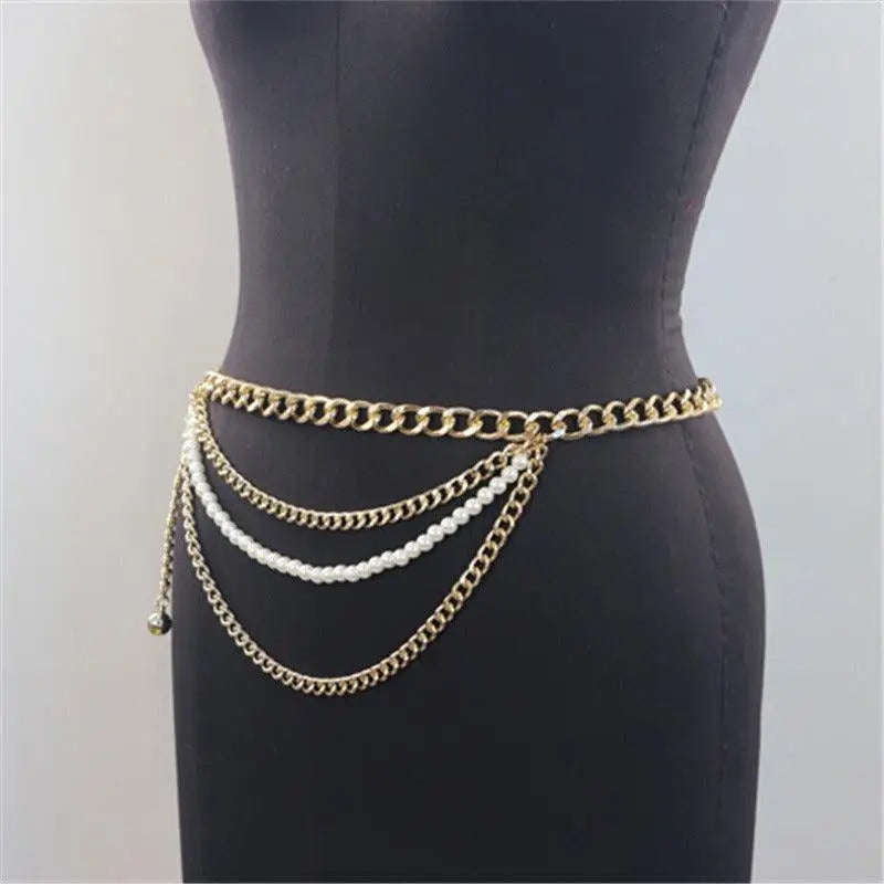 Gold chain belt with pearl accents, elegant waist jewelry for sophisticated style
