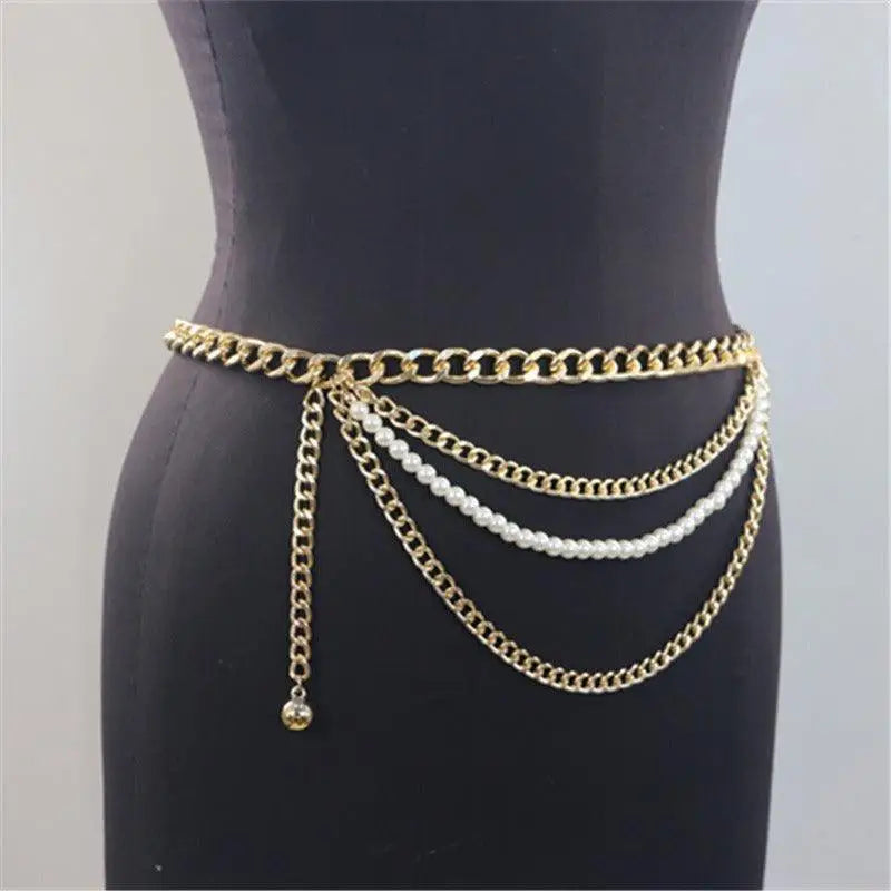 Gold chain belt with pearl accents, perfect waist jewelry for elegant styling