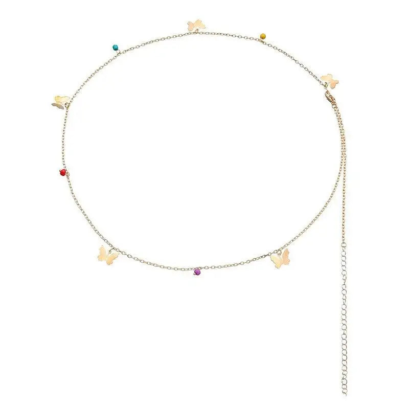 Silver chain belt with butterfly charms and colorful beads accessory for Black Ribbed Dress