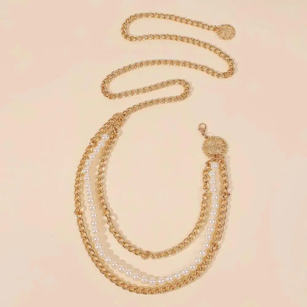 Veagea chain belt with pearl accents and gold or silver detailing for elegant style