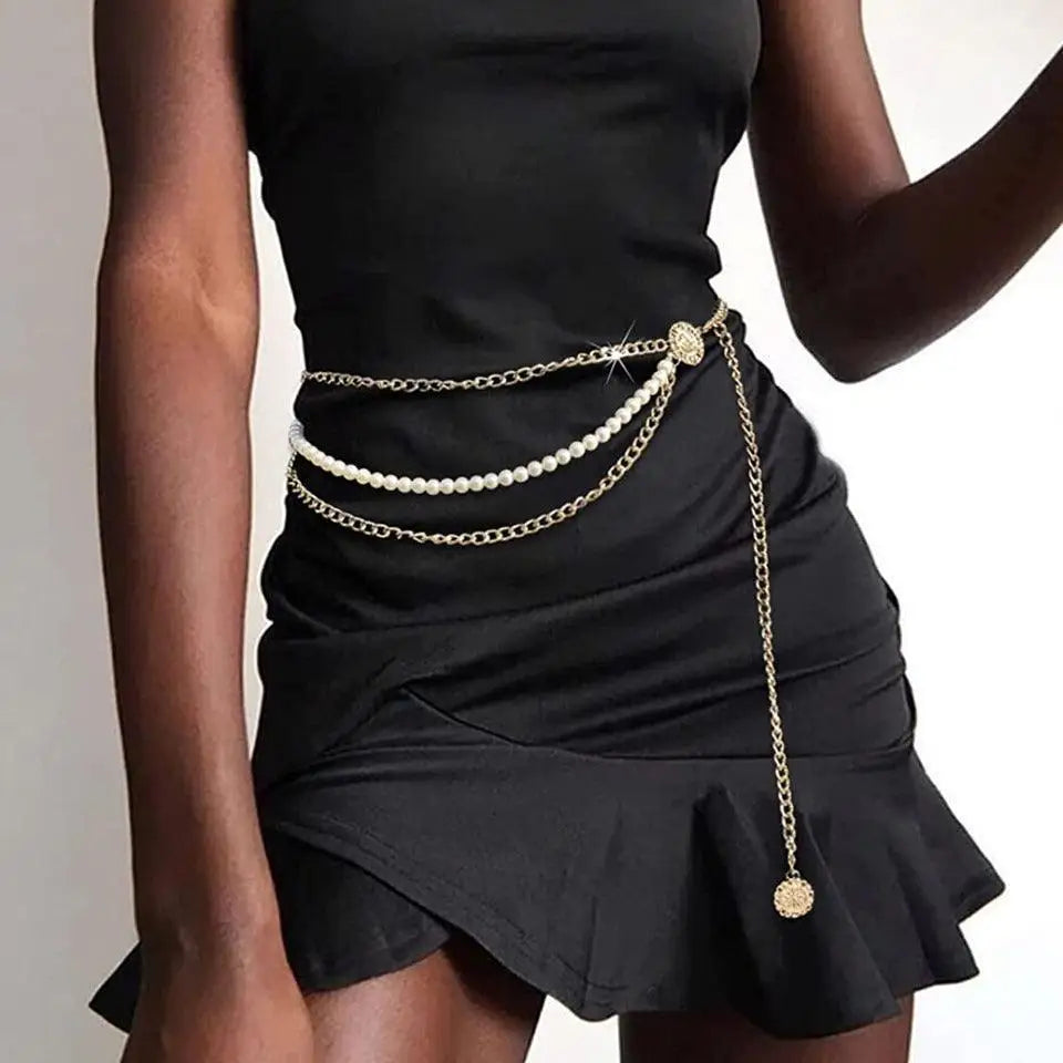 Gold chain and pearl waist belt featuring Veagea chain belt design with silver or gold accents