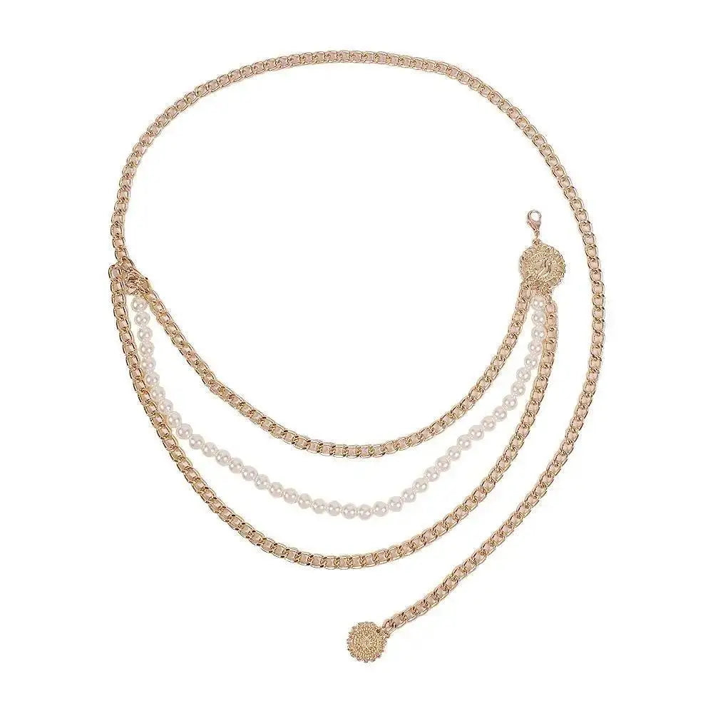 Veagea chain belt with pearl strands and gold accents for elegant fashion styling