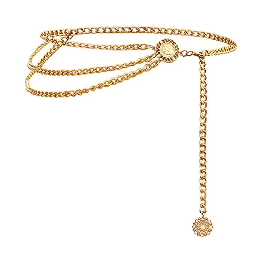 Gold chain belt with coin accents from Gold and Silver Chain Belts with Layered and Embellished Designs