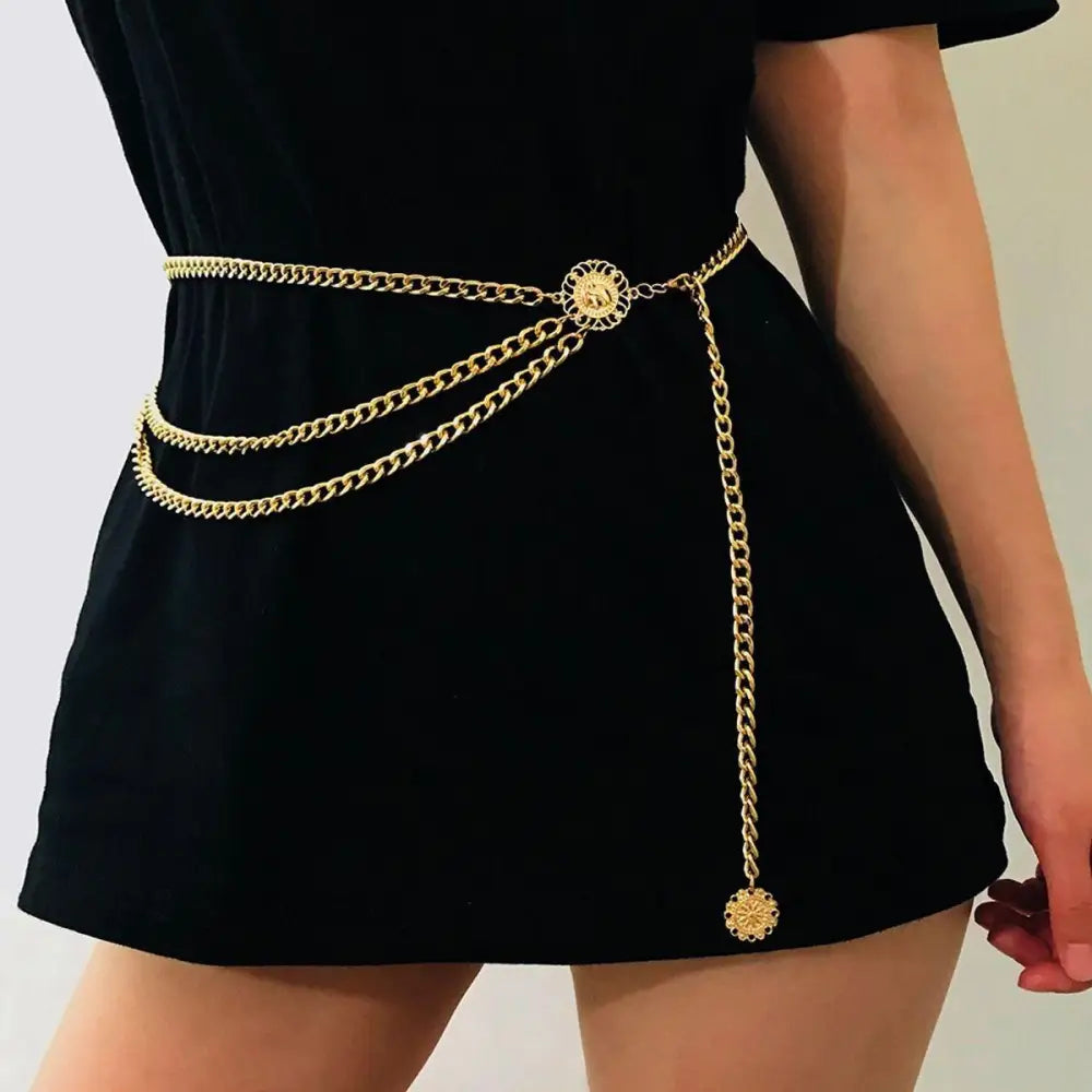 Gold chain belt with layered and embellished design from Gold and Silver Chain Belts collection