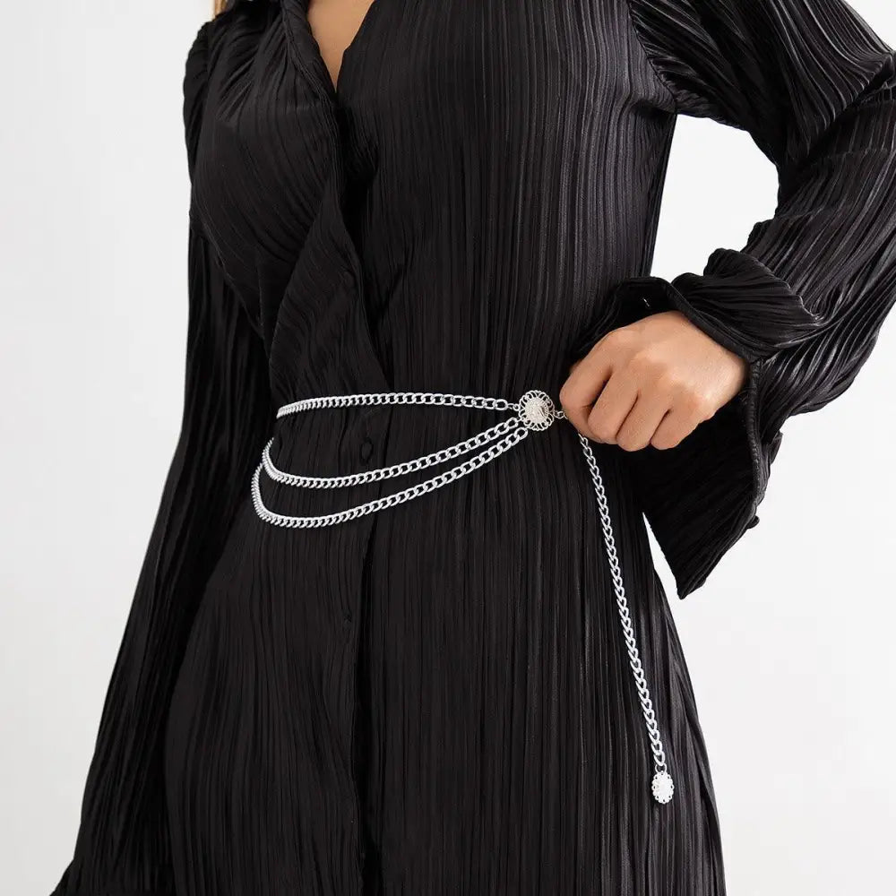 Black pleated dress with silver chain belt from Gold and Silver Chain Belts collection