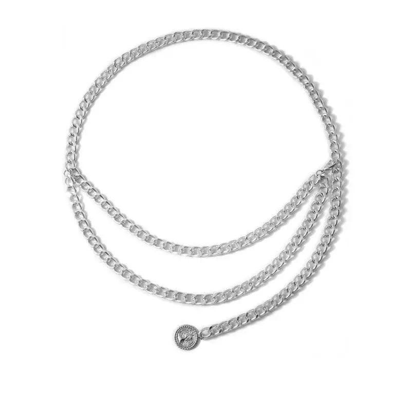 Silver-toned multi-strand chain belt with coin charm from Gold and Silver Coin Pendant Chain and Belt Options