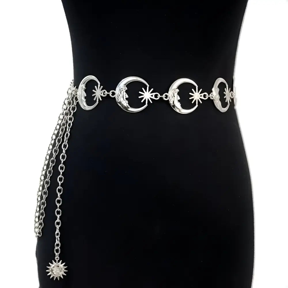 Silver moon and star Zilya chain belt for black dresses, perfect chain belt accessory