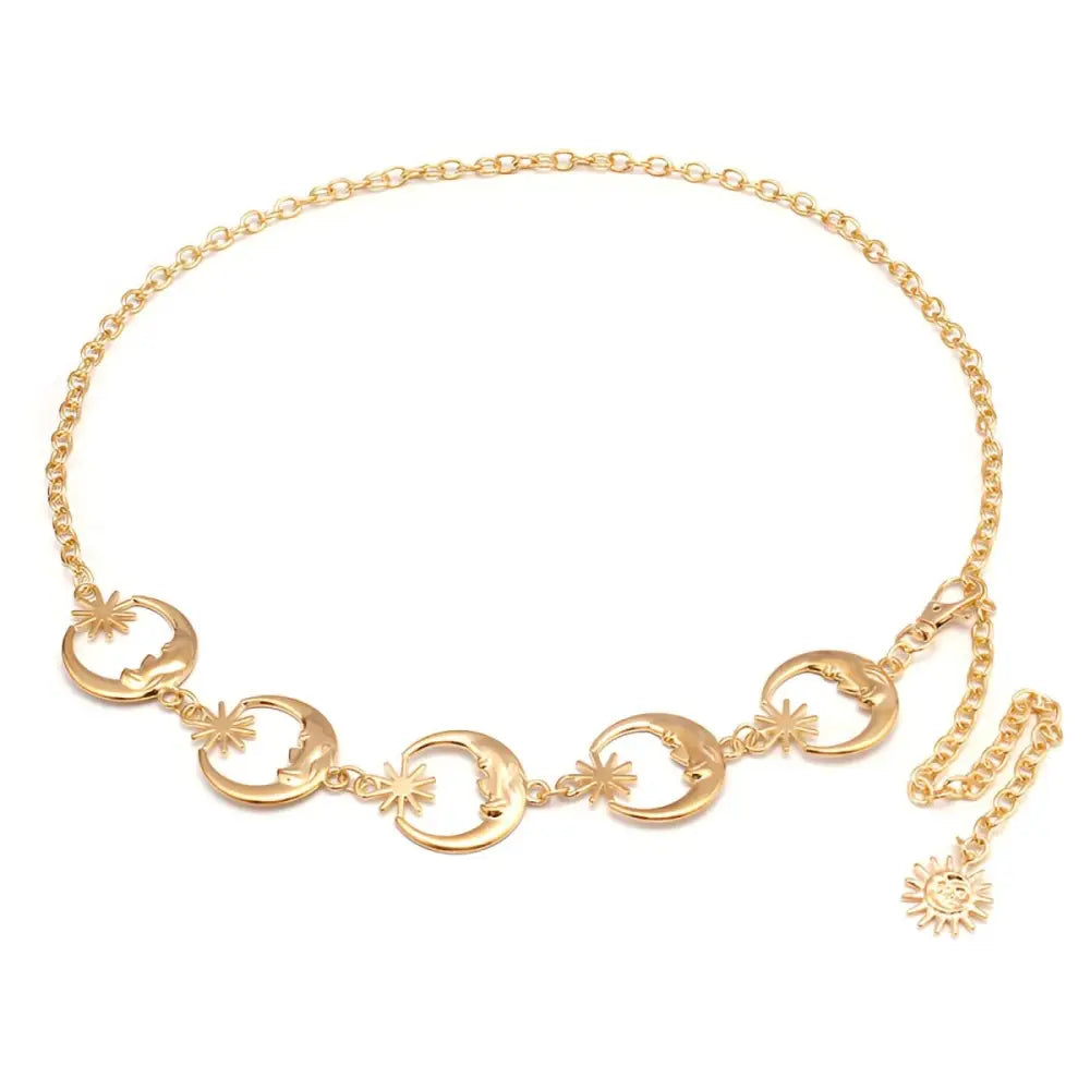 Gold-toned Moon and Star Zilya Chain Belt designed for elegant black dresses
