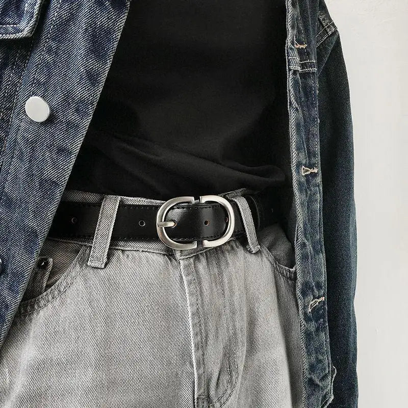 Jaellyn Belt with Silver Double-Circle Buckle in Black Leather for Stylish Fashion