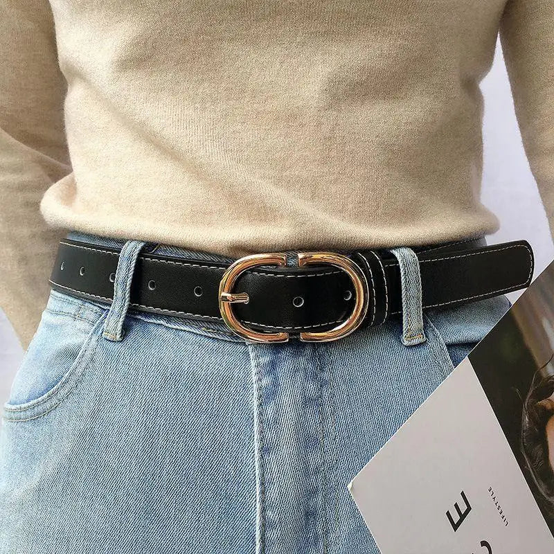 Black leather belt with a gold buckle for men or women product image