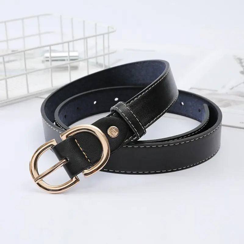 Black leather belt with a gold buckle displayed in the Black Leather Belt with Gold Buckle product image