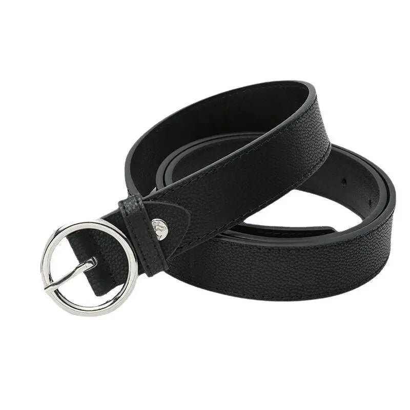 Black leather belt with circular silver buckle from Murielle Belt collection