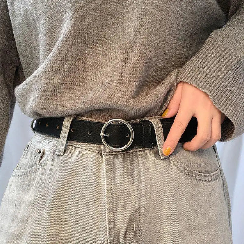 Murielle Belt Black Leather with Circular Silver Buckle for elegant wardrobe accessories