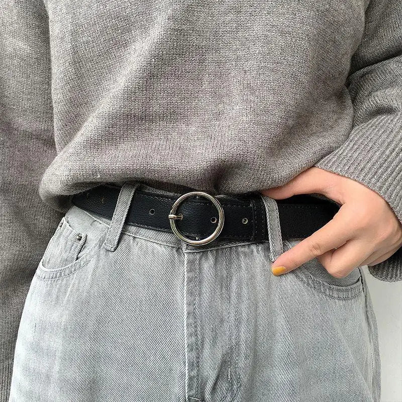 Gray sweater with Murielle Belt Black Leather featuring Circular Silver Buckle