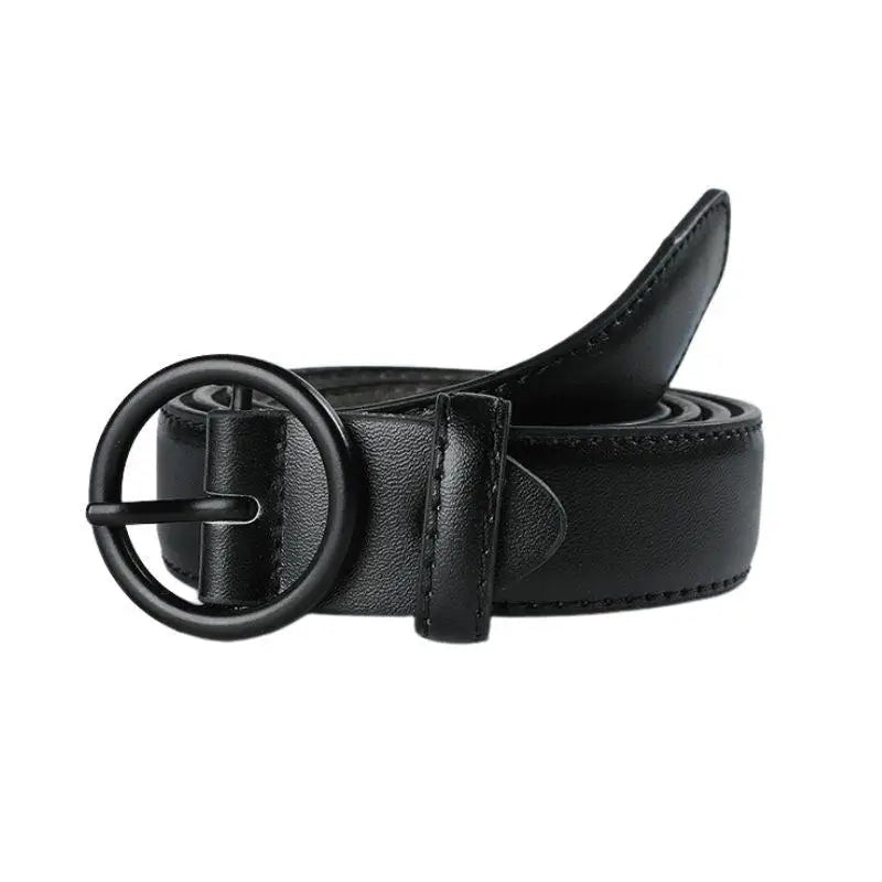 Black leather belt with a round buckle displayed in the product Black Leather Belt with Round Buckle