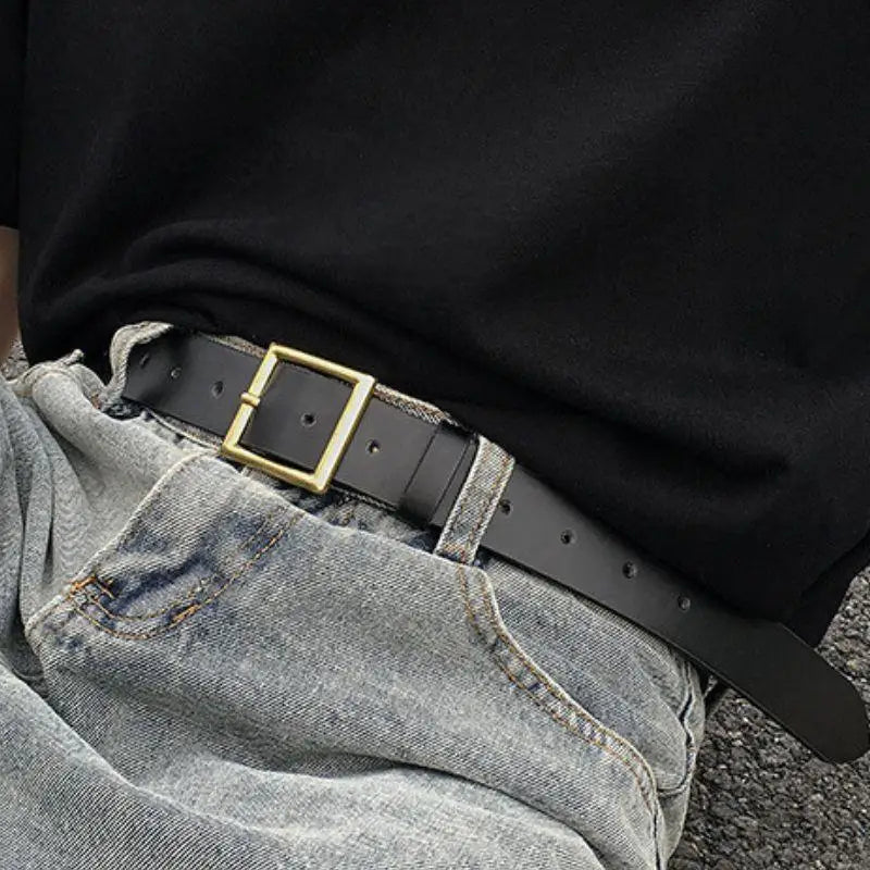 Daphne Belt Black Leather Belt with Square Gold Buckle for Men