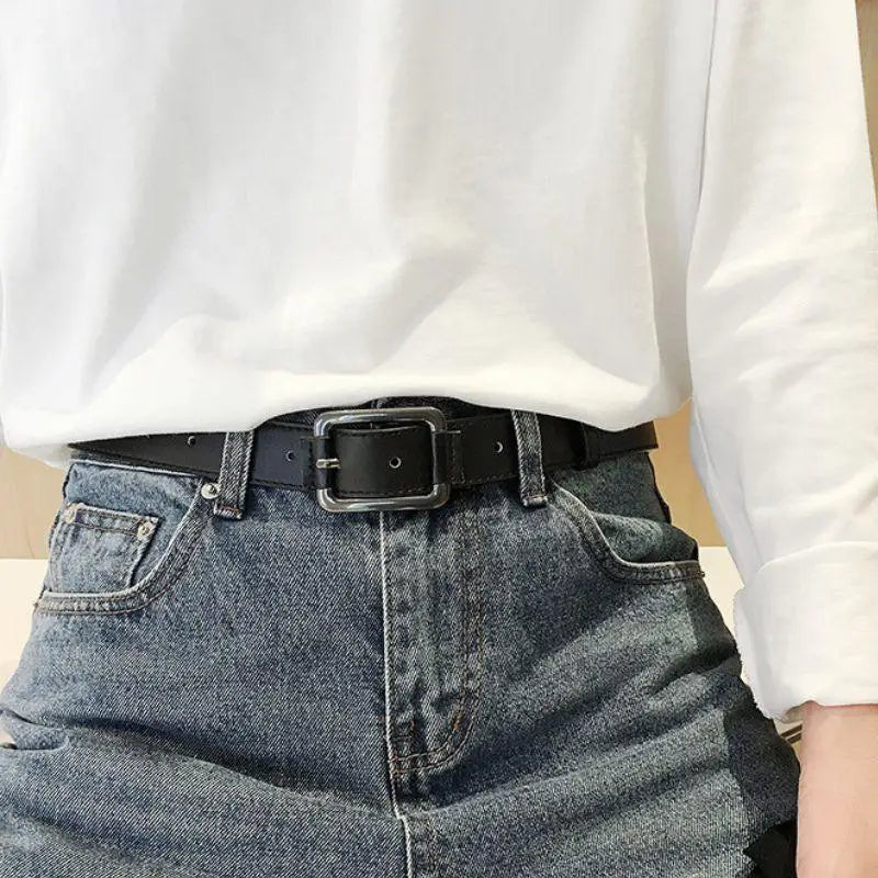 Black leather belt with a square metal buckle displayed on Leather Belts with Square Metal Buckles product