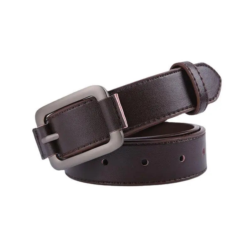 Leather belt made of brown leather with a square metal buckle for stylish wear