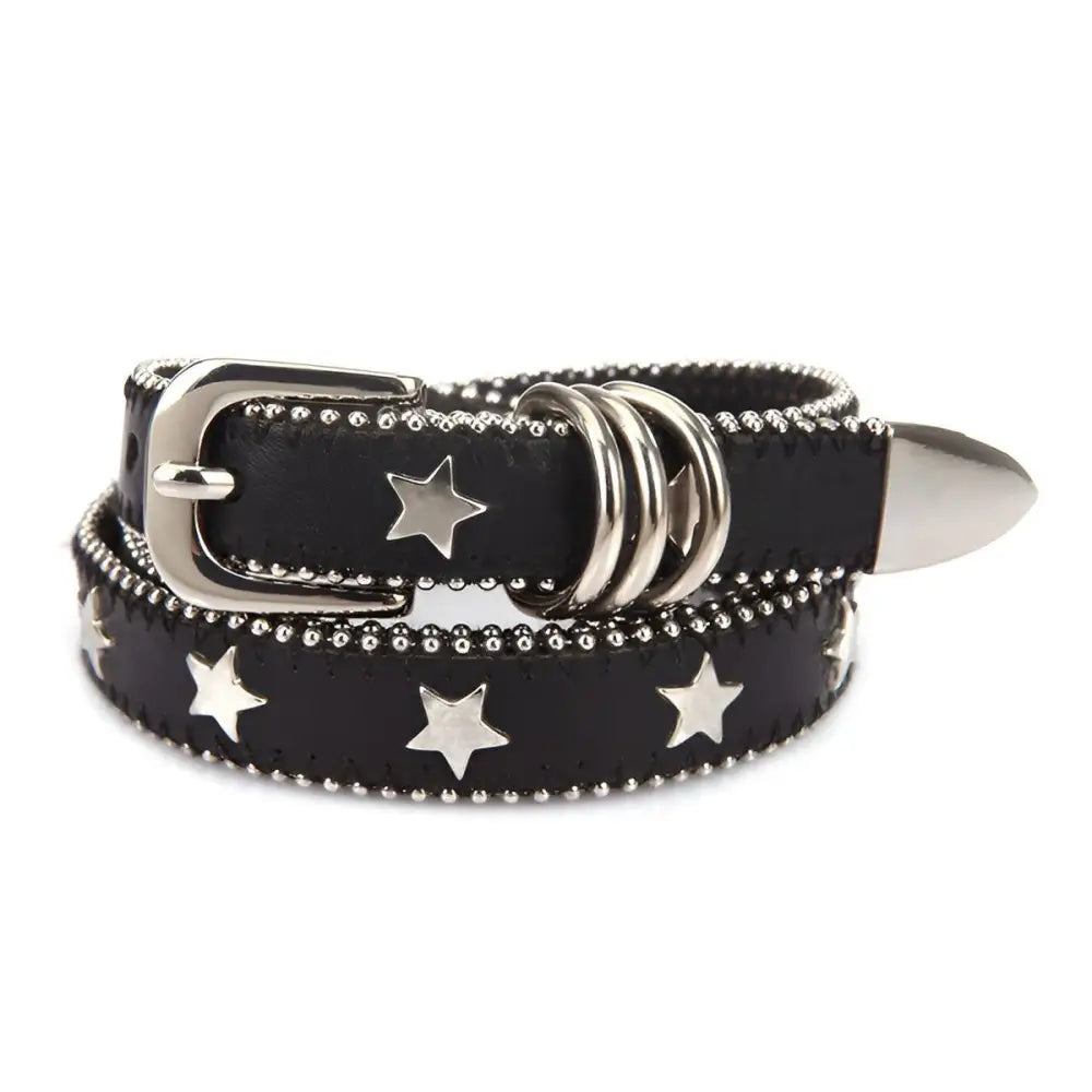 Black leather belt with silver star accents for Women’s Denim Shorts with Side Stripe