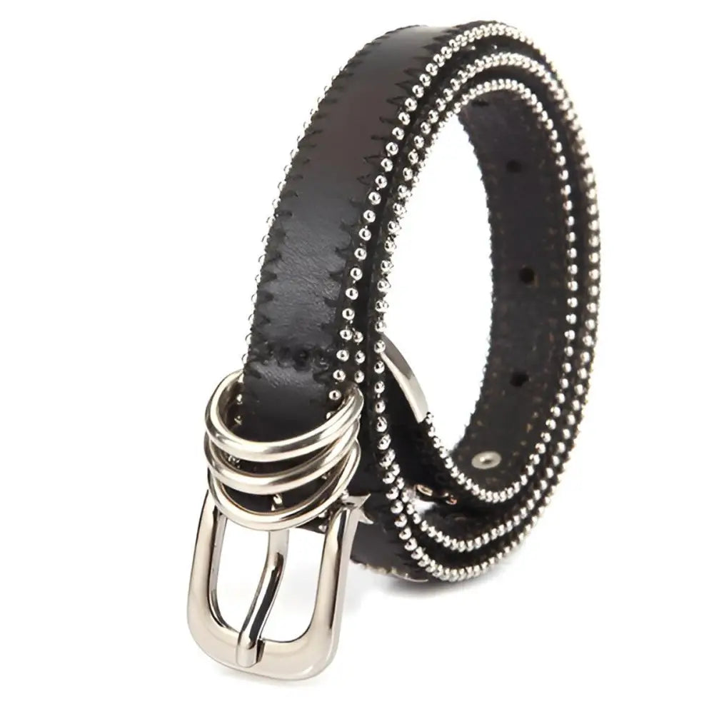 Black leather belt with silver studs paired with Women’s Denim Shorts with Side Stripe