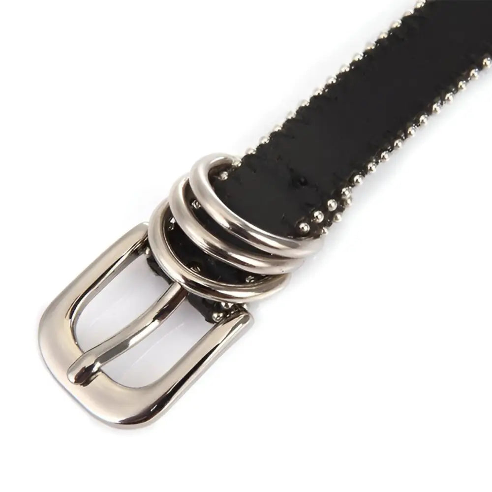 Black studded belt with silver buckle and rings for Women’s Denim Shorts with Side Stripe and Star Accents