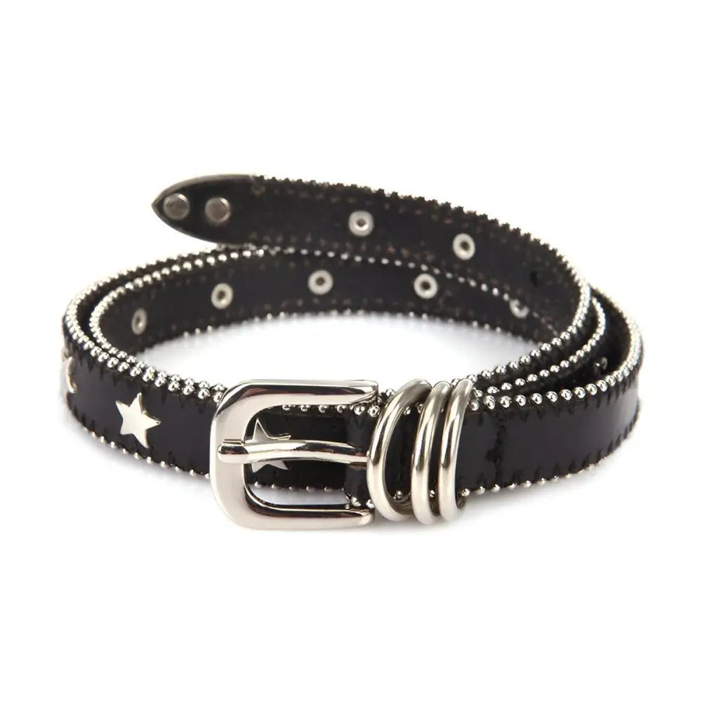 Black studded belt with star accents featured with Women’s Denim Shorts with Side Stripe