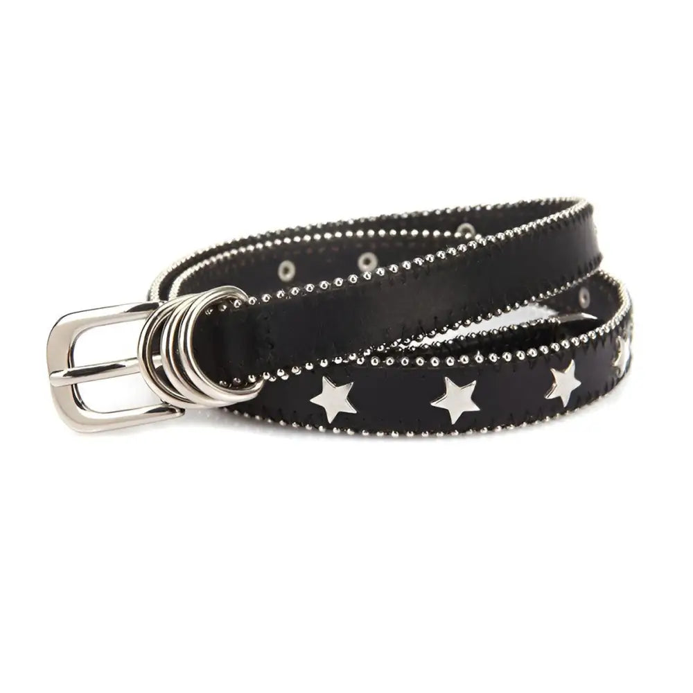 Black leather belt with silver stars paired with Women’s Denim Shorts featuring side stripe and star accents