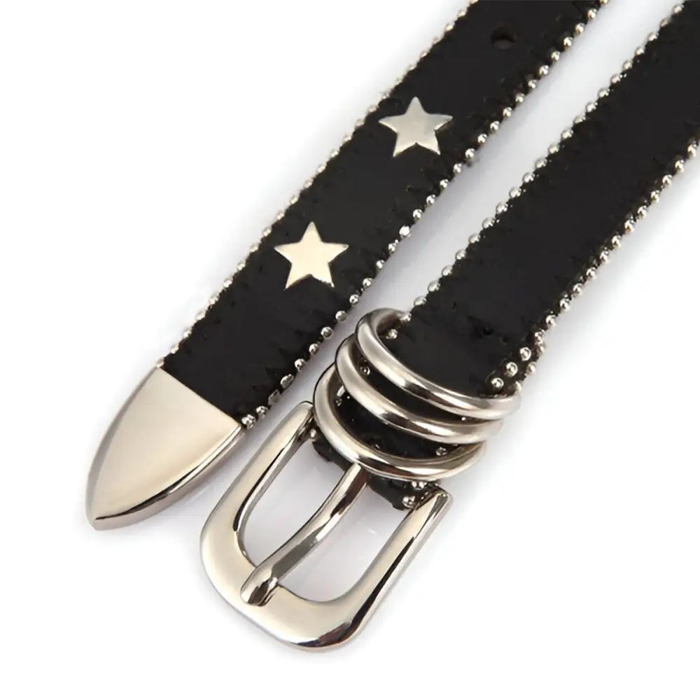 Black star-studded belt paired with Women’s Denim Shorts with Side Stripe and Star Accents