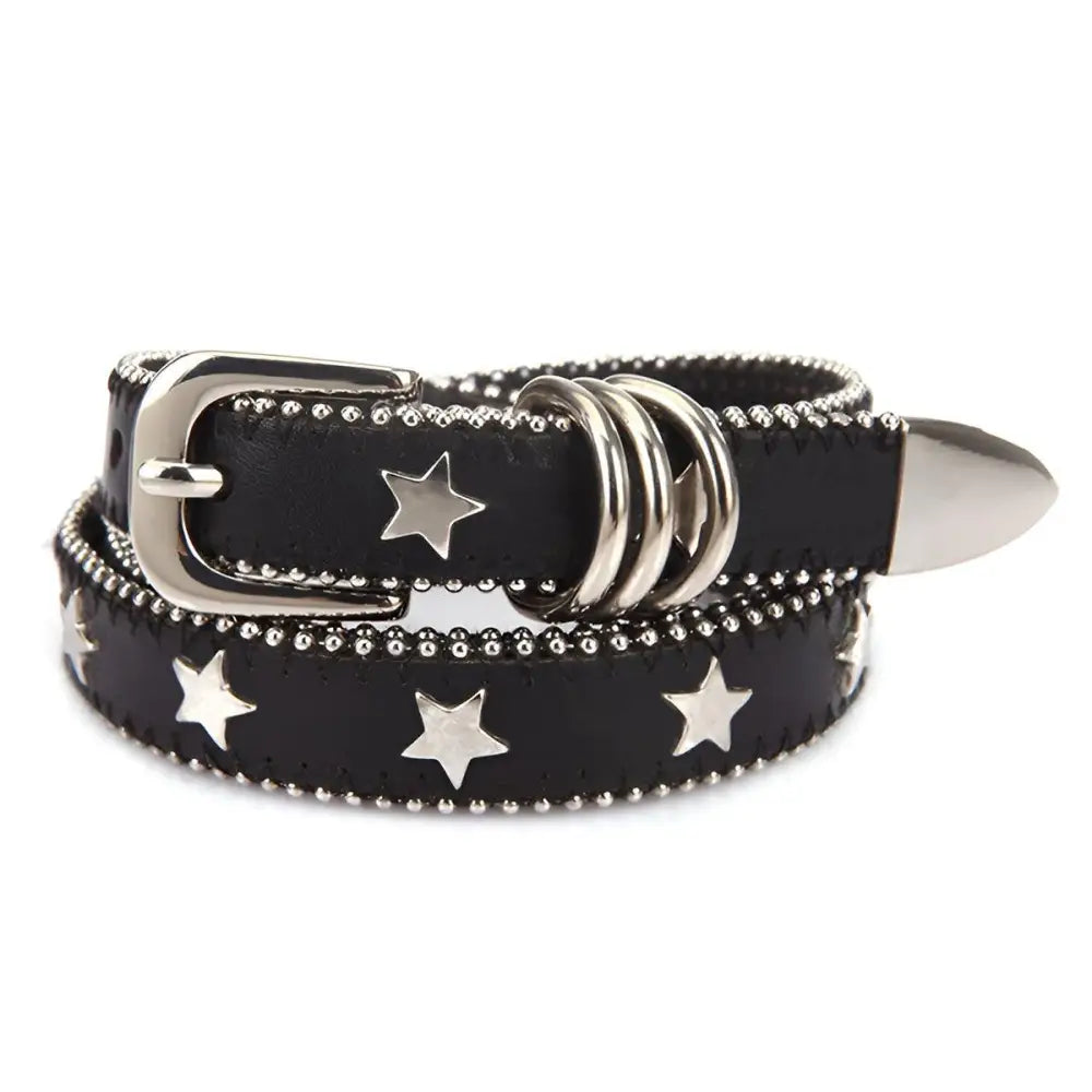 Black leather star-studded belt featured with Women’s Denim Shorts with Side Stripe and Star Accents