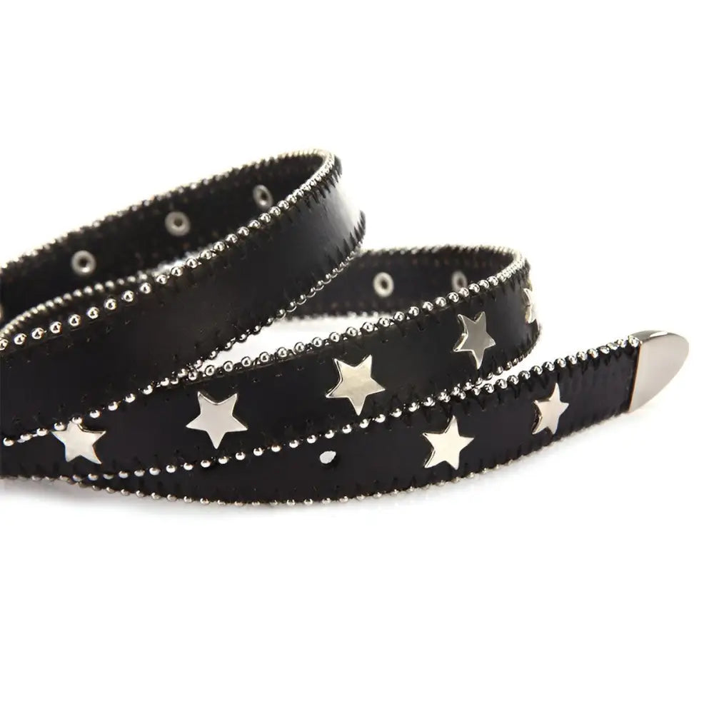 Black leather belt with silver stars and studs accessories for Women’s Denim Shorts with Side Stripe and Star Accents