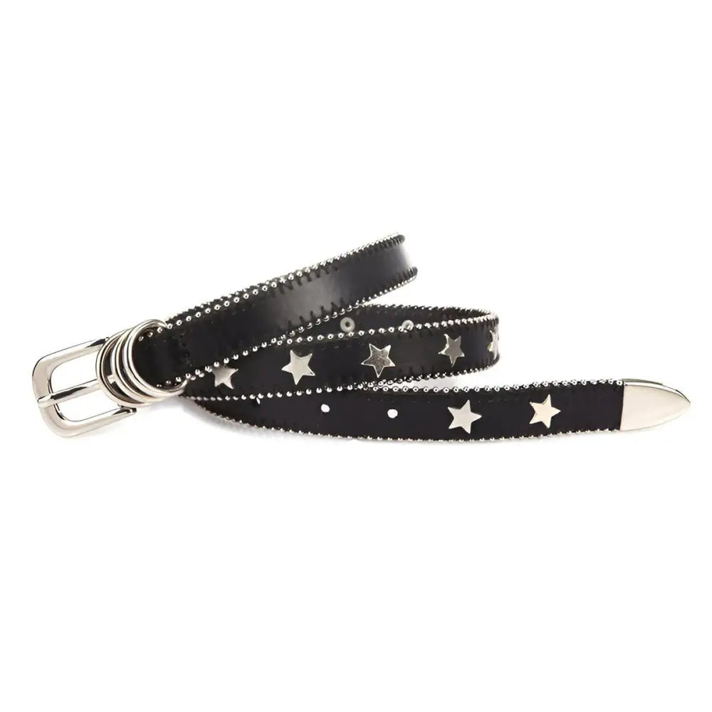 Black leather belt with silver stars and studs complementing Women’s Denim Shorts with Star Accents