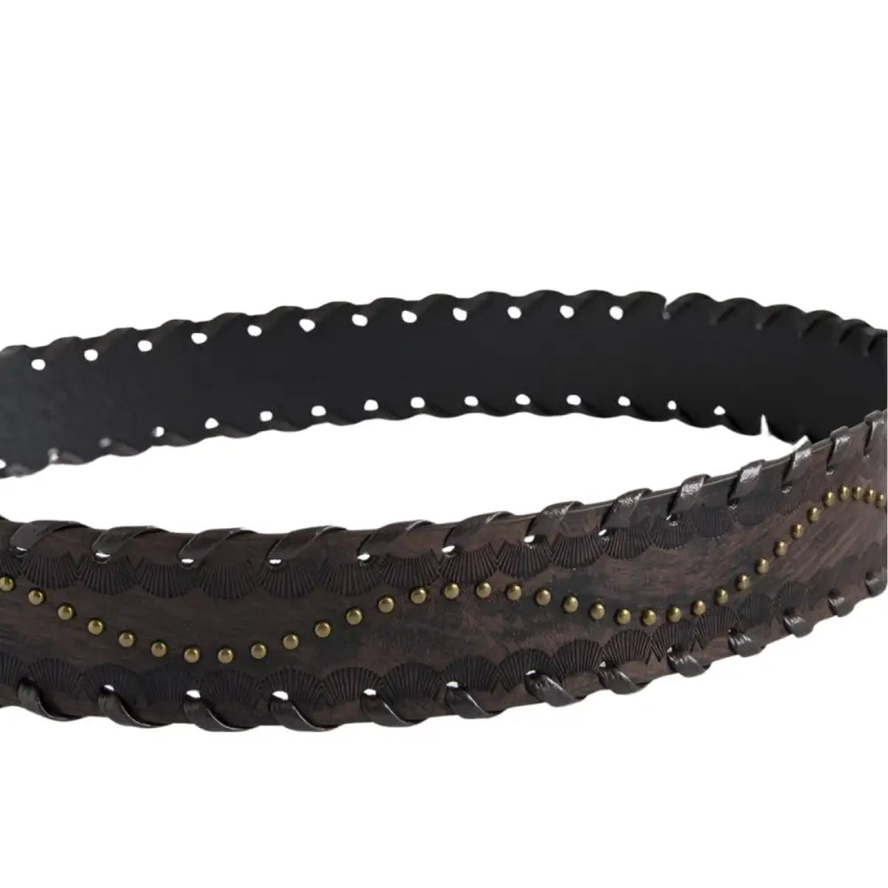 Brown leather belt with metal studs and ornate decorative buckle for stylish wear