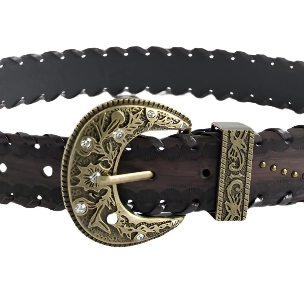 Embellished brown leather belt with ornate decorative buckle displayed in Brown Leather Belt with Ornate Decorative Buckle product image