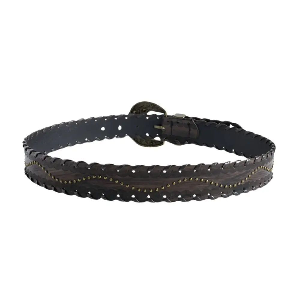 Brown leather belt with an ornate decorative buckle for a stylish accessory