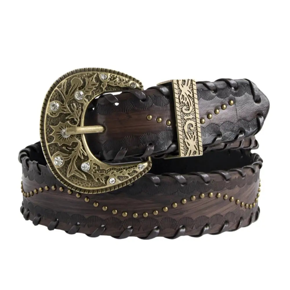 Embellished brown leather belt with ornate decorative buckle for stylish accessory use