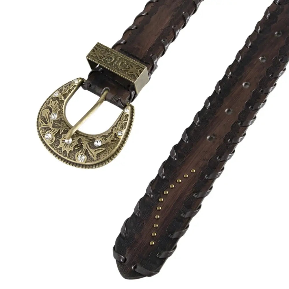 Brown leather belt with an ornate decorative buckle displayed for the Brown Leather Belt with Ornate Decorative Buckle product