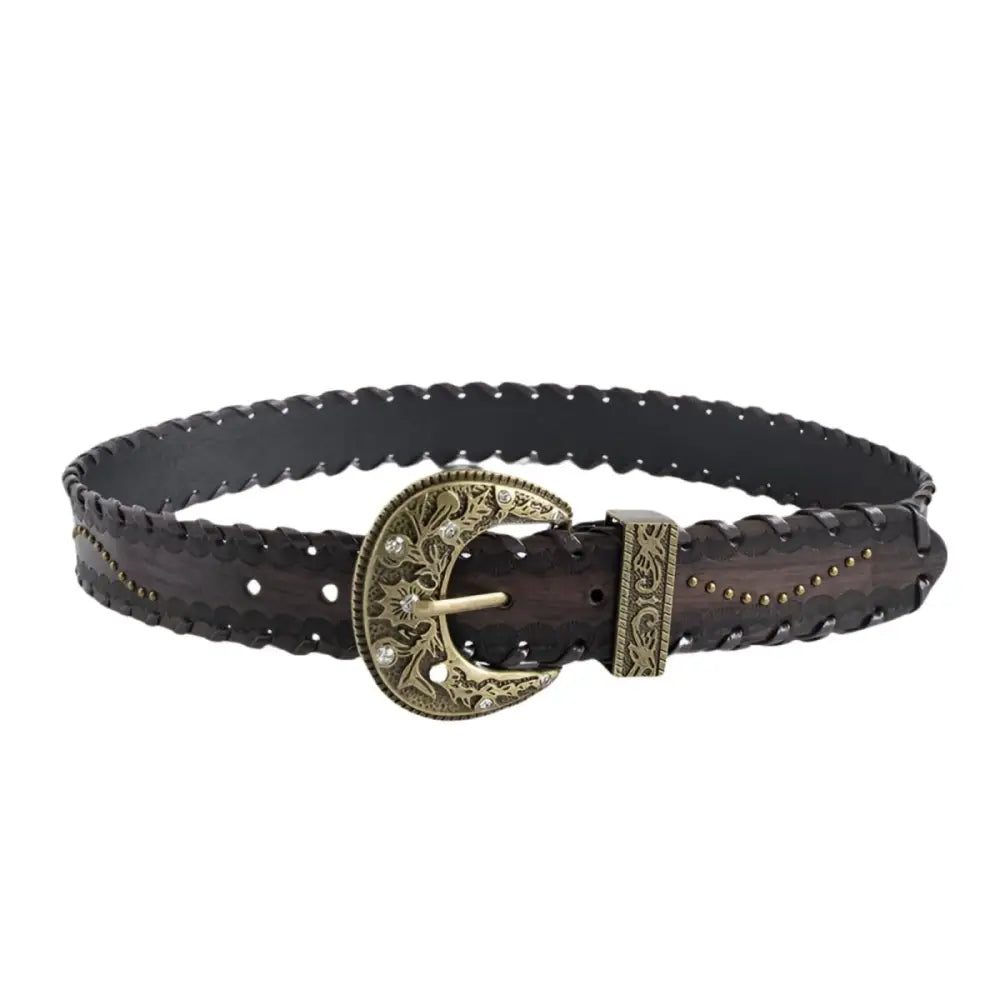 Brown leather belt with an ornate decorative buckle displayed in a product image