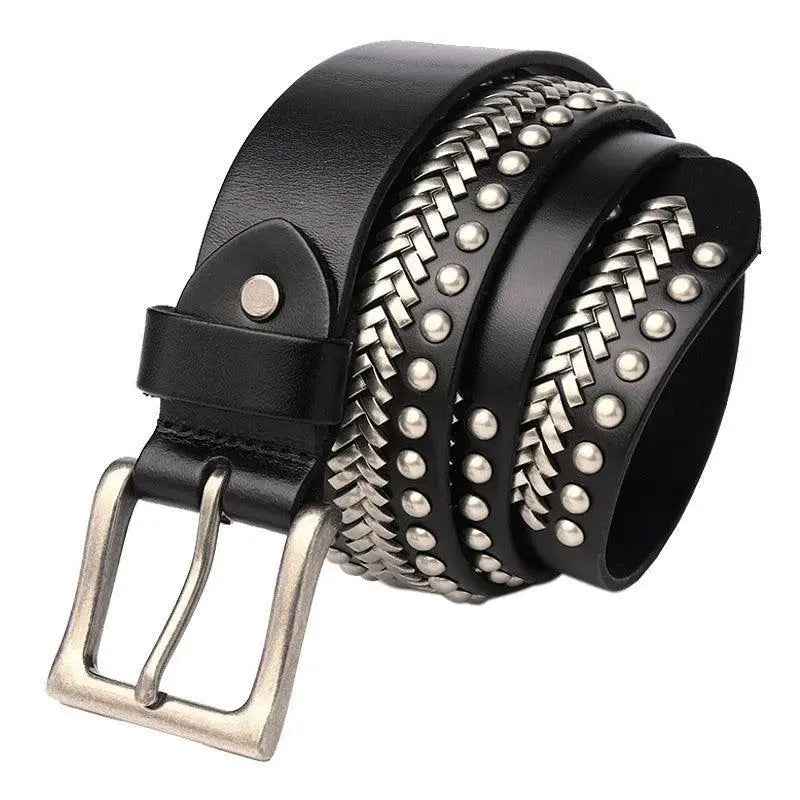 Black leather studded belt with silver studs and braided accents for stylish wear