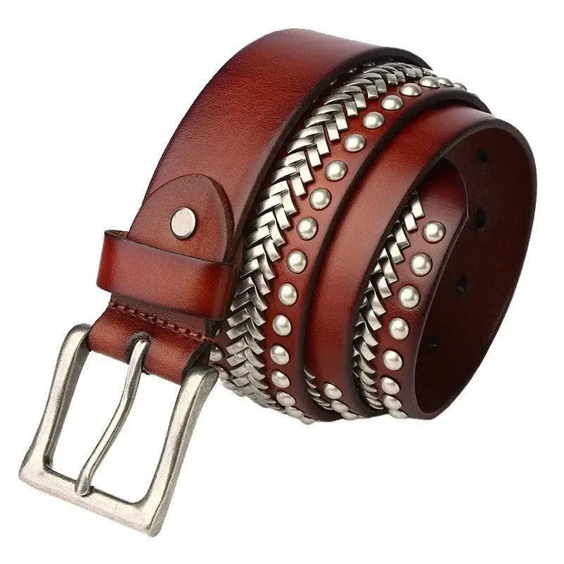 Brown leather belt with silver accents from Assorted Leather Belts with Metal Buckles and Studded Design