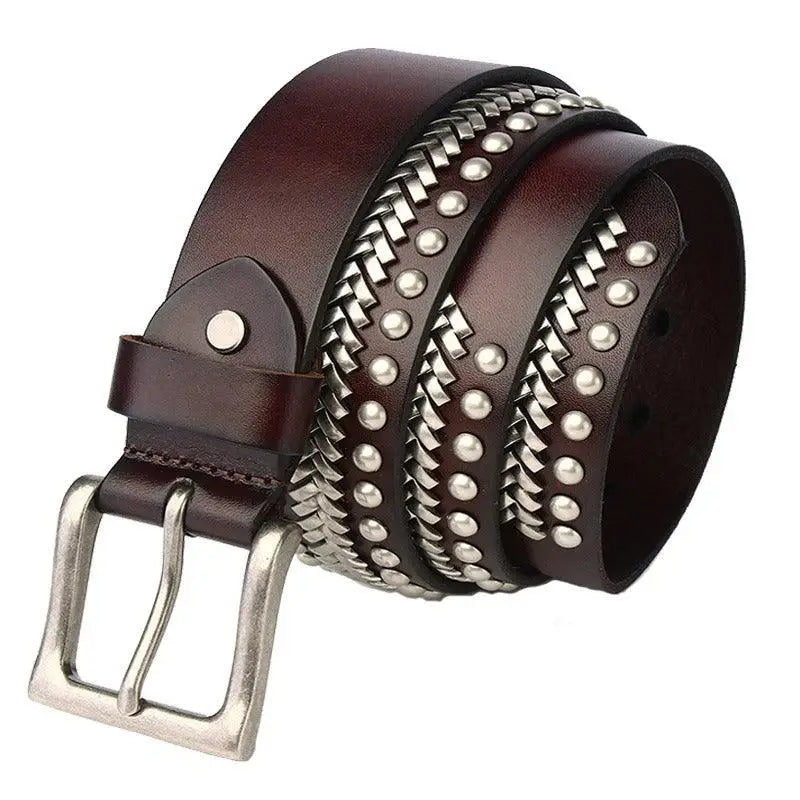 Brown leather studded belt with silver studs and braided accents for stylish wear
