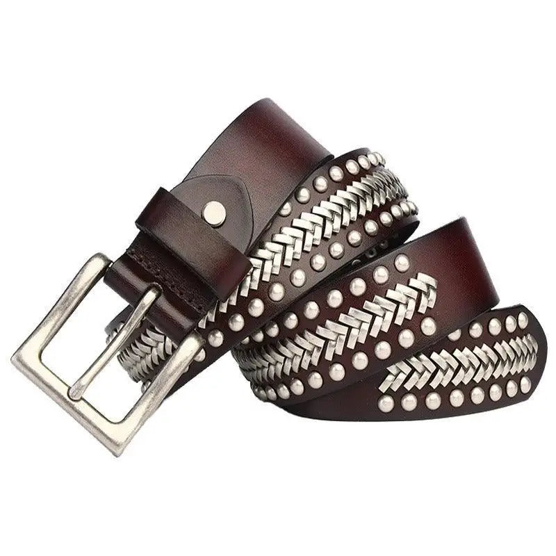 Brown leather studded belt with silver studs and braided accents for stylish wear