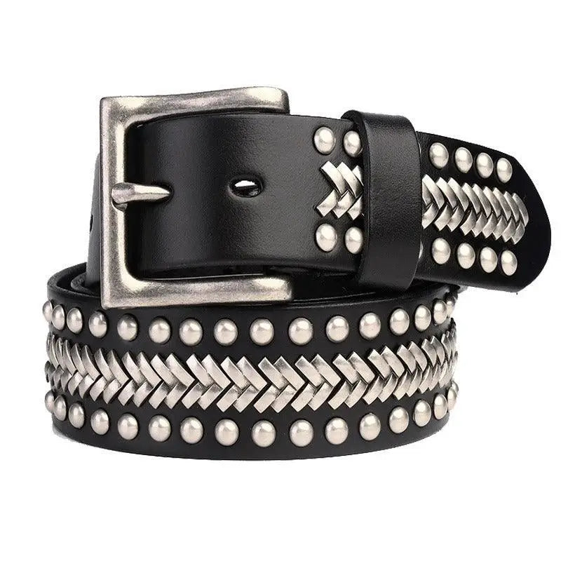 Black leather studded belt with silver studs and braided accents for stylish accessories