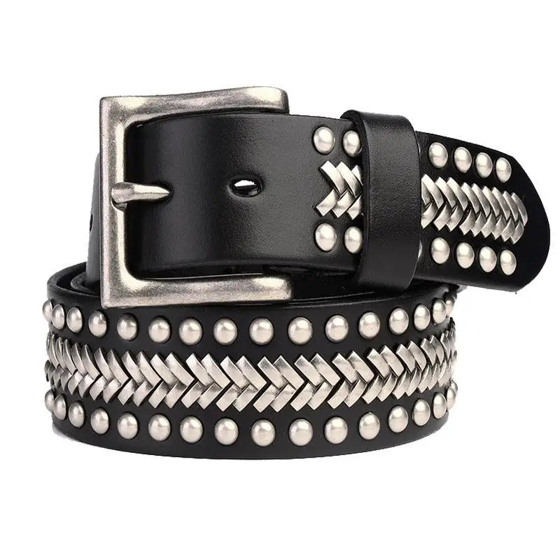 Black leather studded belt with silver studs and woven accents for fashion accessories