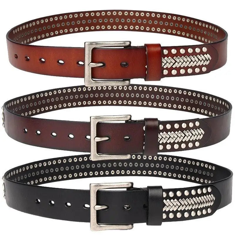 Three stylish studded leather belts with metal buckles in assorted designs