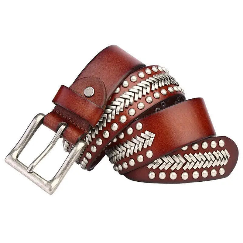 Brown leather studded belt with silver studs and braided accents from Assorted Leather Belts