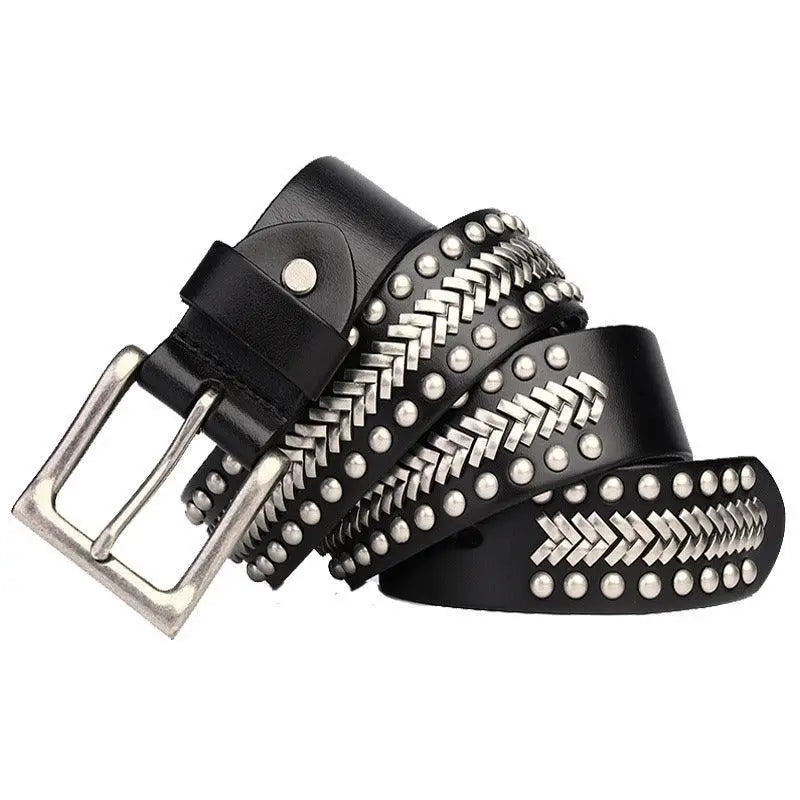 Black leather studded belt with silver studs and braided accents from Assorted Leather Belts