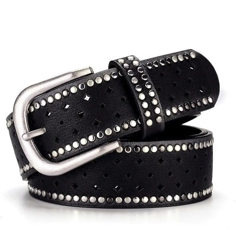 Black studded leather belt with silver buckle for women fashion accessory