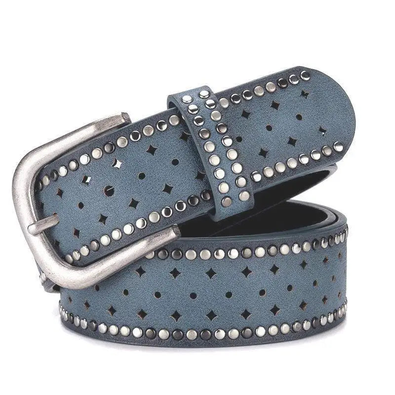 Blue studded leather belt featured in Black Leather Belt with Silver Studded Buckle for Women
